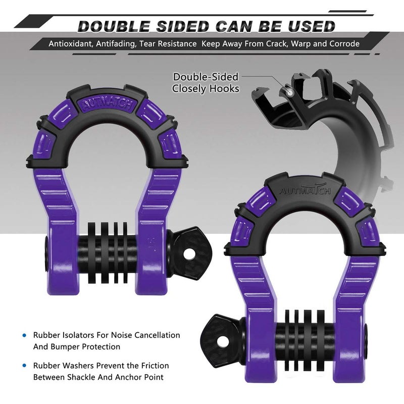 AUTMATCH D Ring Shackles 3/4"" Mega Shackle (2 Pack) 68 000Ibs Break Strength - Clevis Shackles 7/8"" Screw Pin and D Shackle Isolator & Washers Kit for Tow Strap Winch Off Road Vehicle Recovery  Purple - Image 2